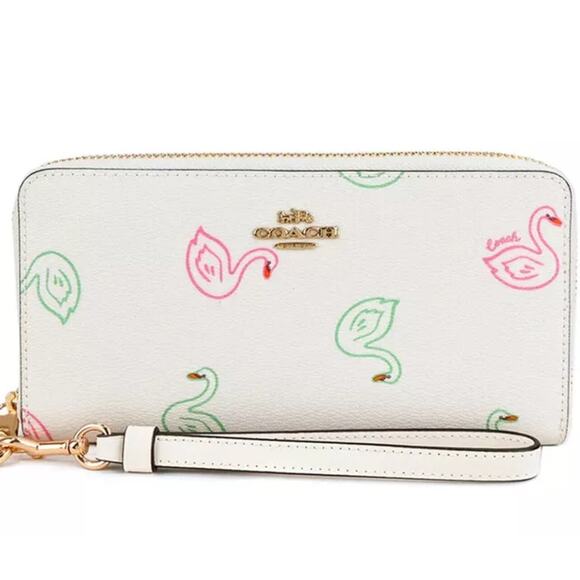 Coach Swan Print Long Zip Around Wallet Wristlet C8384 Chalk White Multi - Picture 4 of 4